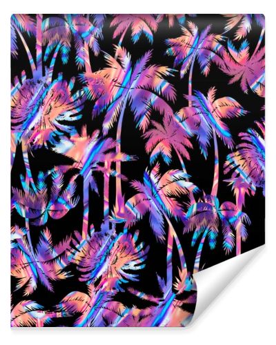 Vibrant synthwave seamless pattern with neon colorful palm trees on a dark background. Retro 80s tropical aesthetic backdrop.