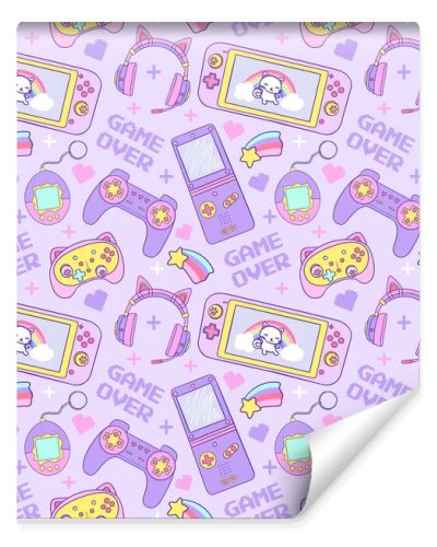 Kawaii seamless pattern Gamer Girl. 90s Game vector illustration