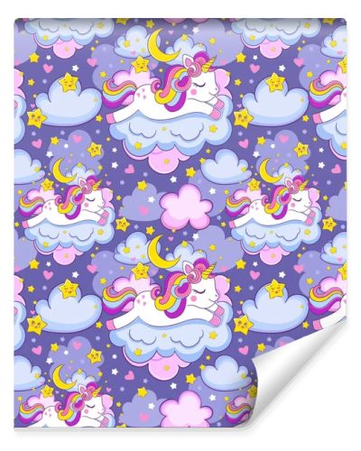 cute unicorn sleeps on the clouds print and seamless pattern for children's clothing