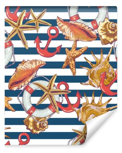 Summer Seamless Pattern with Sea Shells, Anchor