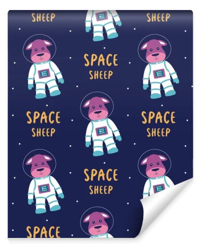 space seamless pattern, kids illustration with lettering text and different elements of cosmos, pattern of astronaut lambs