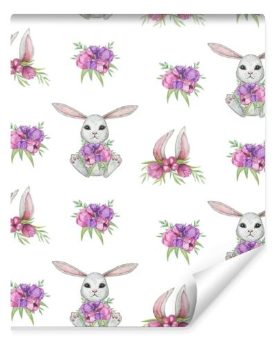 Spring Rabbit seamless pattern, watercolor bunny background, cute animals, easter pattern design, rabbit with flowers digital paper, hare ear pattern, kids textile design