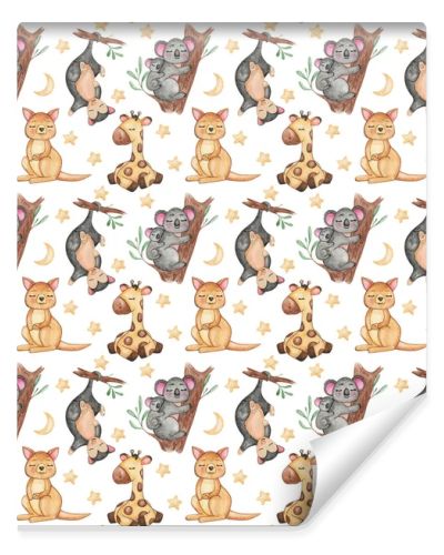 Seamless pattern of Australian animals, Repeating background, Cute sleeping animals, giraffe, koala and kangaroo pattern, kids textile pattern design