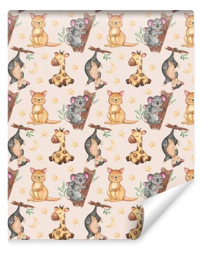 Seamless pattern of Australian animals, Repeating background, Cute sleeping animals, giraffe, koala and kangaroo pattern, kids textile pattern design