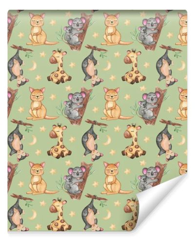 Seamless pattern of Australian animals, Repeating background, Cute sleeping animals, giraffe, koala and kangaroo pattern, kids textile pattern design