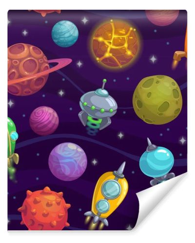 Seamless space pattern with cartoon planets and space ships