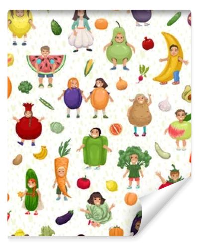 Kids in fruits and vegetables costumes seamless pattern, kids design, fruit carnival, kids theater, fruits and vegetables and people. Baby textile design, seamless vector pattern