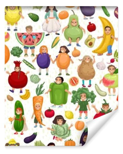 Kids in fruits and vegetables costumes seamless pattern, kids design, fruit carnival, kids theater, fruits and vegetables and people. Baby textile design, seamless vector pattern