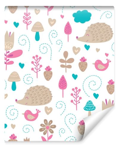 Forest friends vector seamless pattern. Kids colorful background with cute animals, birds and plants. Lovely childish texture with hedgehogs, flowers and hearts