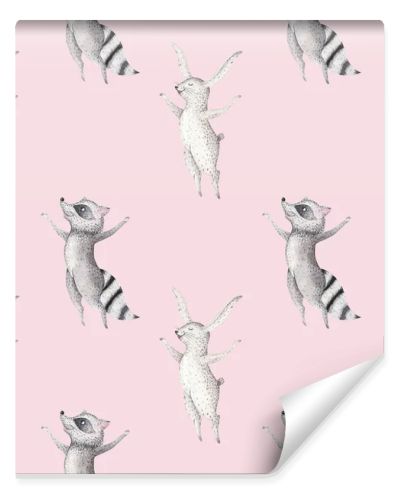 raccoon and bunny drawing seamless pattern