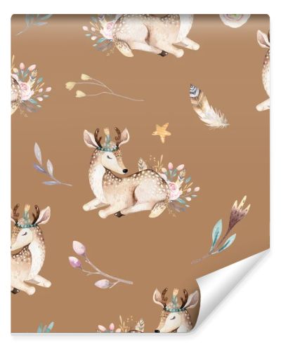 Cute family baby raccon, deer and bunny. animal nursery giraffe, and bear isolated illustration. Watercolor boho raccon drawing nursery seamless pattern. Kids background, nursery print