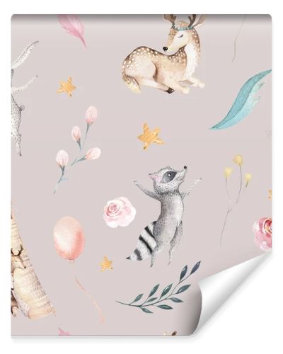 Cute family baby raccon, deer and bunny. animal nursery giraffe, and bear isolated illustration. Watercolor boho raccon drawing nursery seamless pattern. Kids background, nursery print