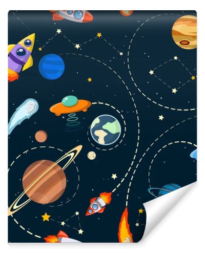 solar system vector kids cartoon planet seamless pattern. Rocket, UFO, planets Illustration, great for wallpaper, textile and texture design. Kids design, fabric, wrapping, apparel.