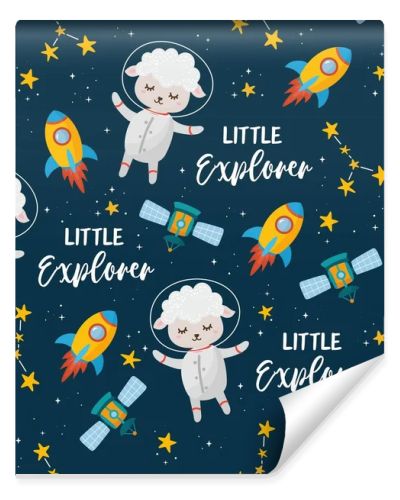 Space seamless pattern. Kids illustration with hand lettering text and different elements of cosmos. Astronaut lamb, cute planets, stars, ufo, rocket, constellations.