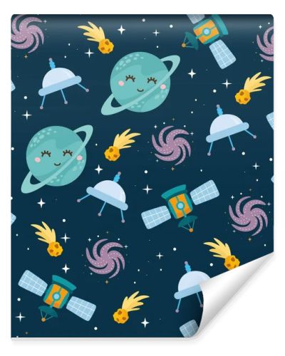 Space seamless pattern. Kids illustration with different elements of space. Cute planets, stars, ufo, Milky Way. Outer space.