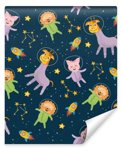 Space seamless pattern. Kids illustration with different elements of space. Astronaut animal, lion, piglet, giraffe, stars, rocket, constellation. Outer space.