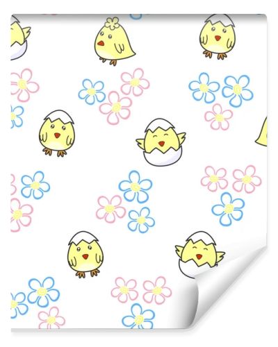 Cute chick hatching from an egg on a white background with florets. Vector seamless pattern Kids texture for wallpaper, prints, clothes, wrapping paper, printing on packaging, fabric, textile, Easter design