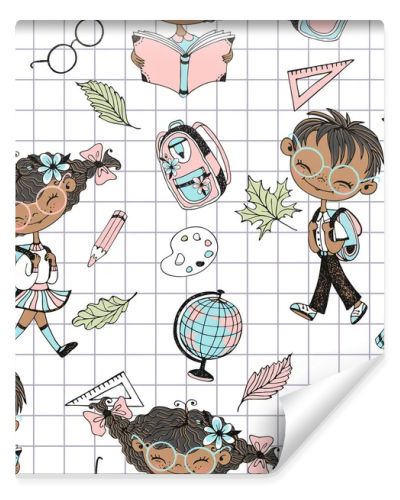 Seamless pattern on the school theme with school children and school accessories. Back to school. Checkered background. Vector.