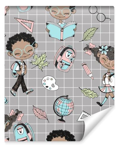 Seamless pattern on the school theme with black children school children and school accessories. Back to school. Checkered background. Vector.