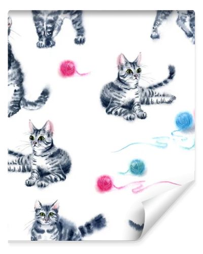 Watercolor seamless pattern hand drawn funny cute playful cats with stripes - cat playing with threads and balls collection - kids design - black, grey, white, pink, blue
