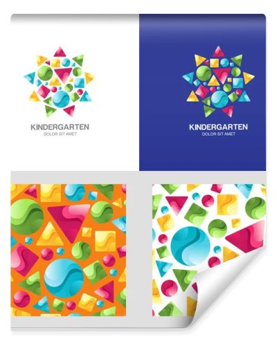 Vector montessori kindergarten logo, emblem and seamless pattern. Kids art club, education center, preschool or creativity class concept. Identity design.