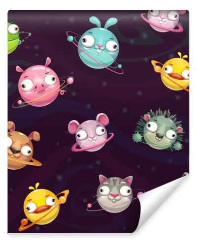 Seamless pattern with funny cartoon round animal planets on the space background.