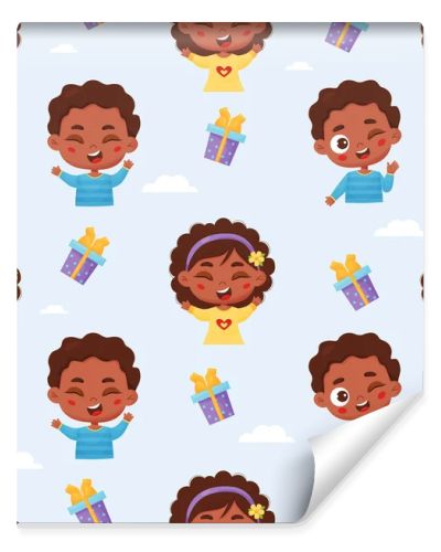Seamless childrens pattern. Cute playful dark-skinned boy and girl on light blue background with clouds and gifts. Vector illustration in cartoon style for baby collection, textile, design, wallpaper