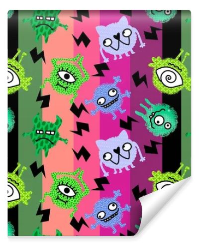 Cartoon doodle monsters seamless aliens and animals pattern for wrapping paper and fabrics and kids clothes print and linens and packaging. High quality illustration