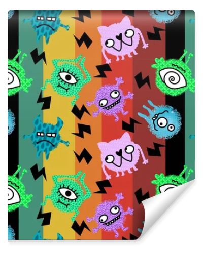 Cartoon doodle monsters seamless aliens and animals pattern for wrapping paper and fabrics and kids clothes print and linens and packaging. High quality illustration