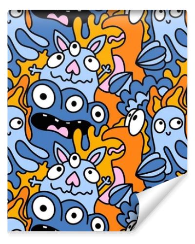 Cartoon doodle monsters seamless aliens and animals pattern for wrapping paper and fabrics and kids clothes print and linens and packaging. High quality illustration