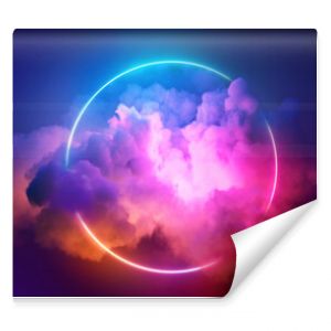 3d render, colorful neon ring glowing inside the stormy cloud on the dark sky, abstract background