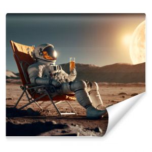 An astronaut sits on a chair and basks under the rays of a bright star while drinking beer on an alien planet, the concept of travel and lifestyle of an astronaut on another planet, art generated ai