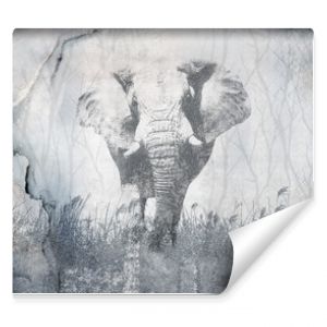 Beautiful  illustration with elephant on concrete grunge wall. Foresty background for wallpaper, photo wallpaper, mural, card, postcard, painting. Design in the loft, classic, modern style.