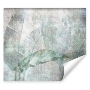 Big banana leaves. Grunge photo wallpaper with golden abstract elements on concrete background. Illustration for wallpaper, fresco, mural.