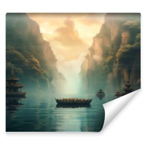 Lotus statue on a lakeside, natural spa background with Asian spirit, tranquility in green nature.  web banner concept with copy space.