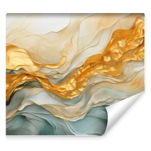 Gold and teal blue abstract waves luxury background. Golden colors texture wavy waves, three-dimensional curvy shiny metallic glowing backdrop for copy space text.