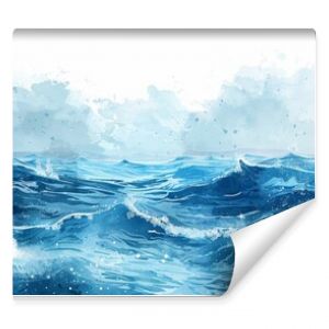 Abstract ocean waves background, vector watercolor illustration on white isolated background, detailed illustration of a sea landscape in the style of watercolour art, pastel blue color, simple design