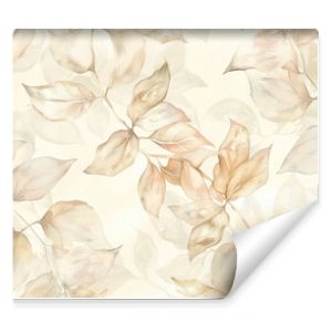 Delicate floral wallpaper, muted cream with pastel petals, flowing vines, soft lighting.