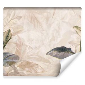 Tropical leaves on a light beige background with textural backgrounds, photo wallpaper mural in the interior