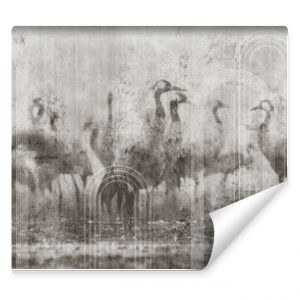 Textured background with beautiful cranes. Illustration for wallpaper, mural, poster, card, interior decoration.