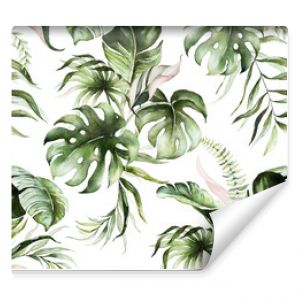 Green tropical leaves on white background. Watercolor hand painted seamless pattern. Floral tropic illustration. Jungle foliage.