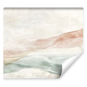 Abstract watercolor wash background with flowing lines in muted peach, beige, and sage green tones on textured paper.