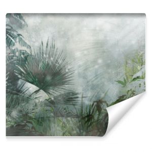 tropical plants on a textural background in dark colors art drawing photo wallpaper in the interior