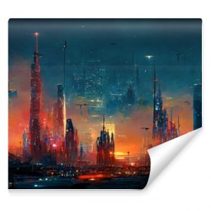 Spectacular nighttime in cyberpunk city of the futuristic fantasy world features skyscrapers, flying cars, and neon lights. Digital art 3D illustration. Acrylic painting.