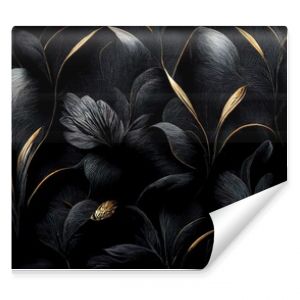 Black luxury cloth, silk satin velvet, with floral shapes, gold threads, luxurious wallpaper, elegant abstract design