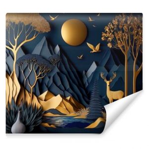 Dark blue mural wallpaper from the contemporary era Christmas tree, mountain, deer, birds, and waves of gold on a dark blue backdrop depicting a jungle or forest. Generative AI