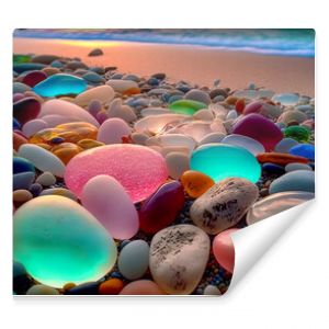 Colorful gemstones on a beach. Polish textured sea glass and stones on the seashore. Green, blue shiny glass with multi-colored sea pebbles close-up. Beach summer background.