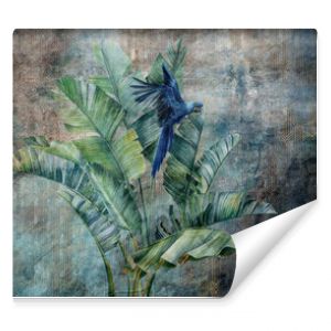 Parrot on huge banana leaves. Grunge photo wallpaper with abstract elements on the dark concrete background. Illustration for wallpaper, fresco, mural.