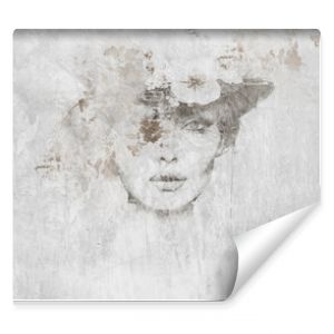 Spetcacular woman with hat. Illustration for mural, wallpaper, poster, decoration.