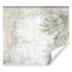 Mural art design. Art drawn tropical leaves on grunge concrete background. Wallpaper gray abstract leaves on concrete background. Tropical gray leaves on grunge concrete background Wallpaper.